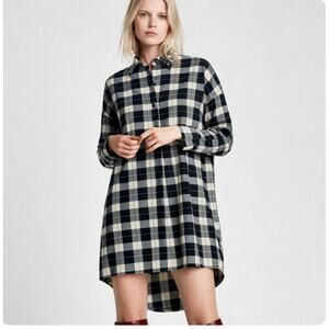 Zara Size M Black Ivory Plaid Shirt Dress Jeweled Collar Check Hi ghLow